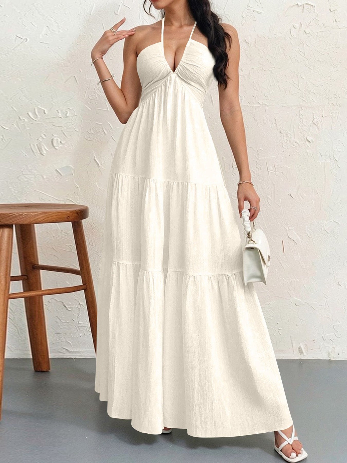 Backless Halterneck V-Neck Pleated A- Line Dress Women'S Clothing One-Piece Dress Ankle-Length Skirt for Beach Vacation Outfits