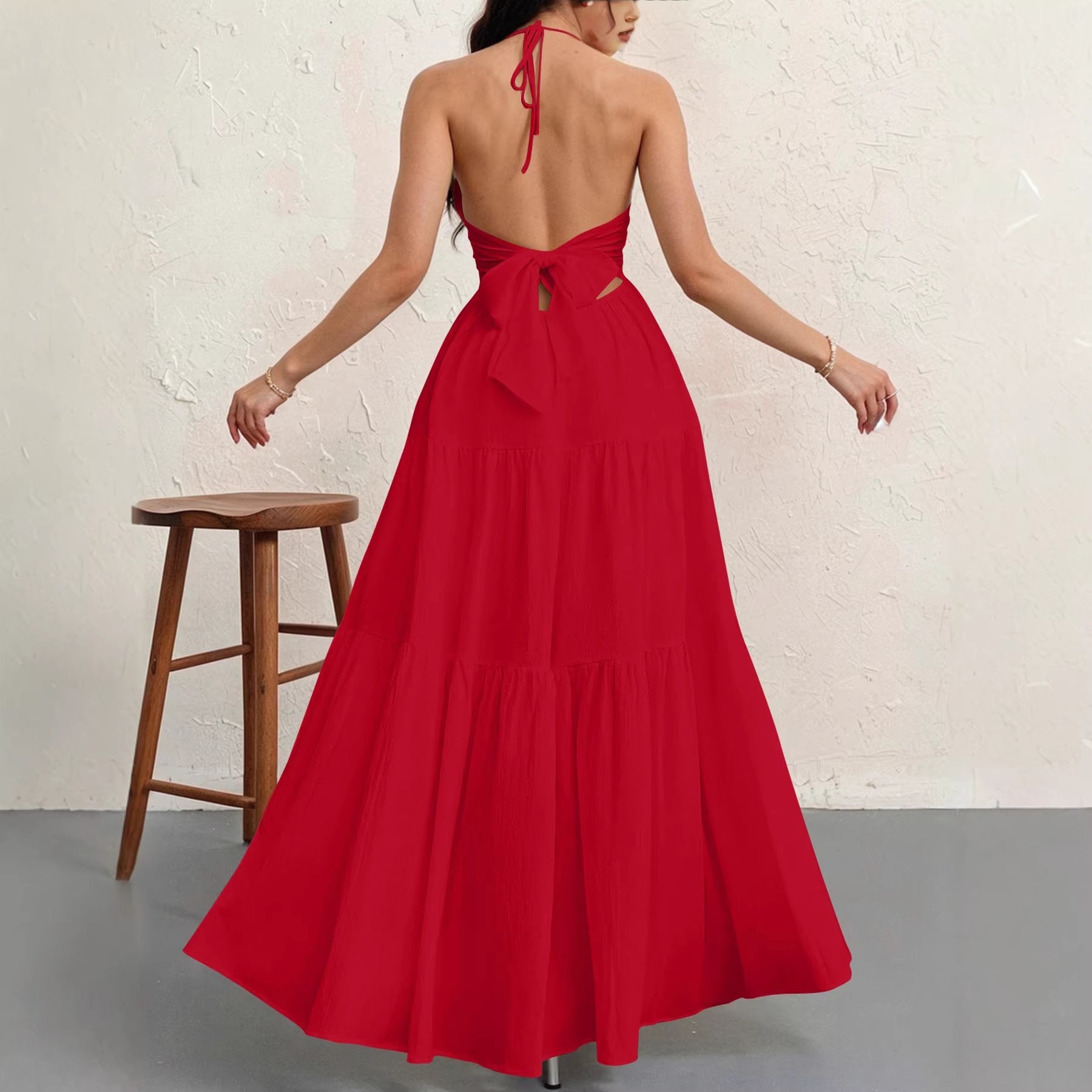 Backless Halterneck V-Neck Pleated A- Line Dress Women'S Clothing One-Piece Dress Ankle-Length Skirt for Beach Vacation Outfits